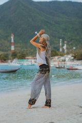 High Crotch Harem Pants - Large Paisley Print - White