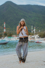 High Crotch Harem Pants - Large Paisley Print - White