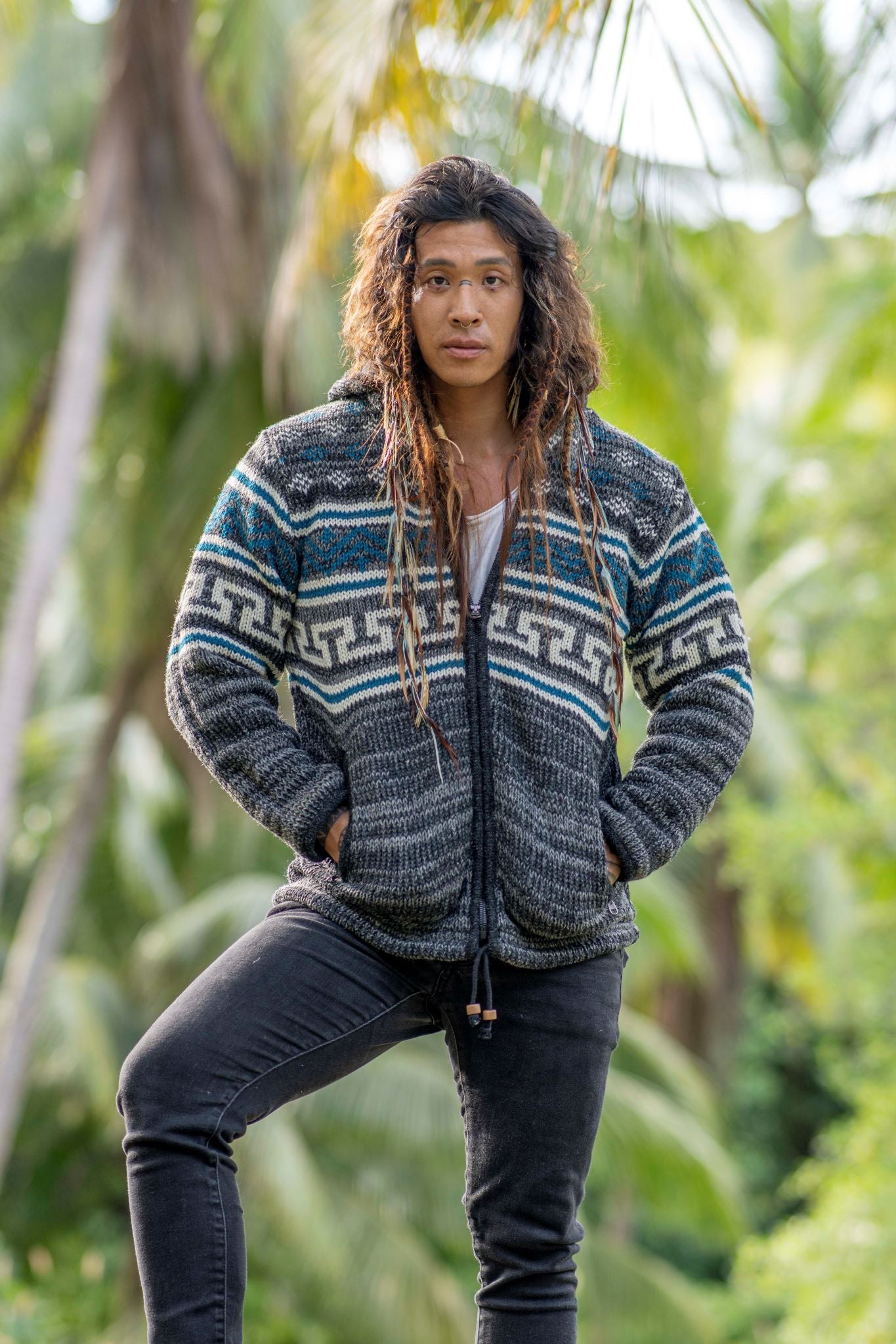 Wool Jacket - Aztec Pattern - Grey/Teal
