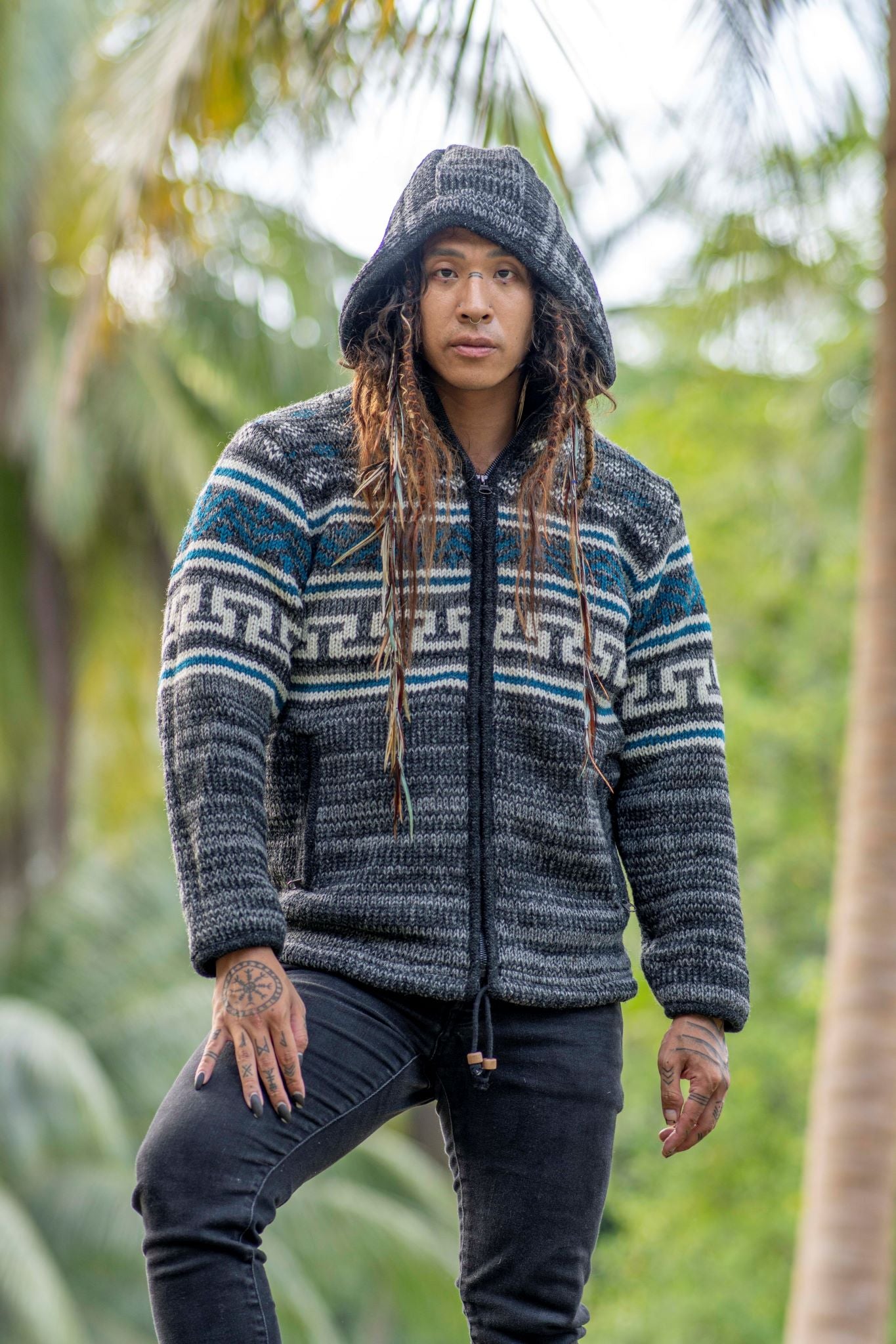 Wool Jacket - Aztec Pattern - Grey/Teal