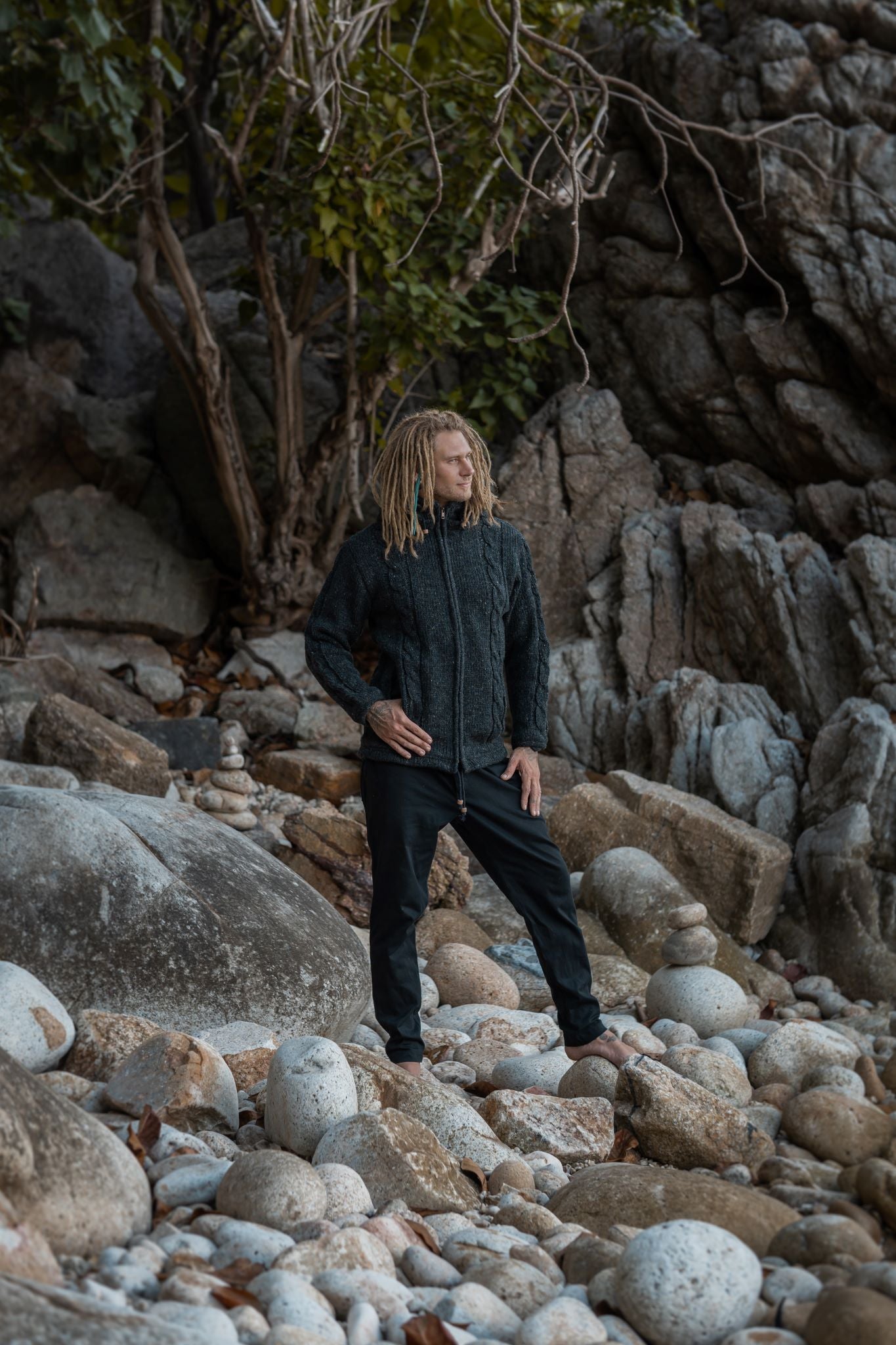 Wool Jacket - Cable Knit Aran - Charcoal