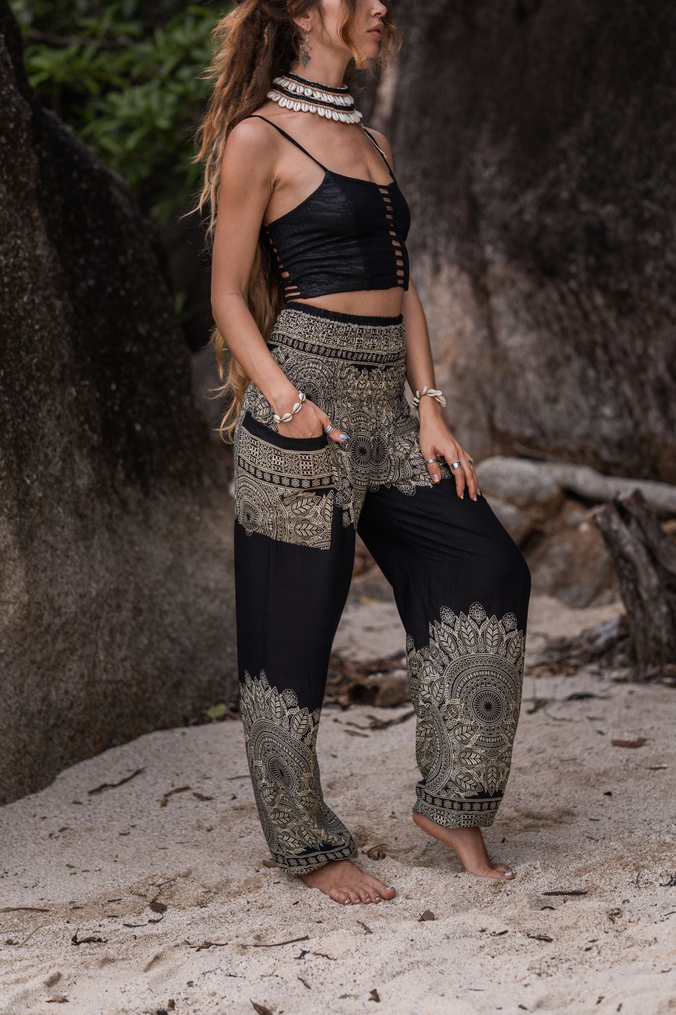 High Crotch Harem Pants Plain Mandala Black
