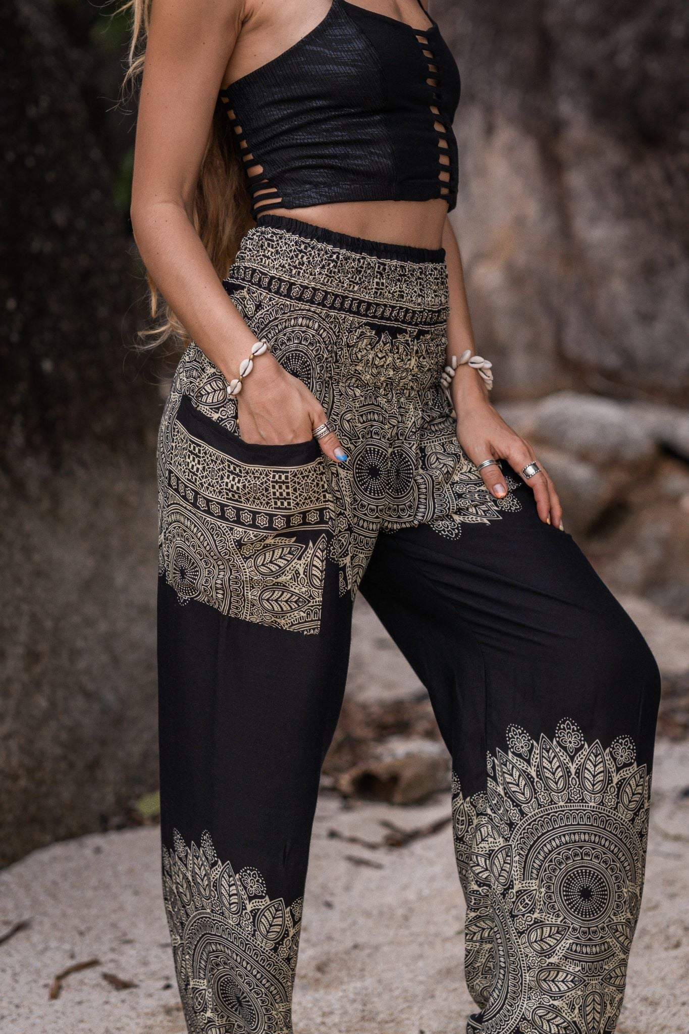 High Crotch Harem Pants - Plain Mandala - Black