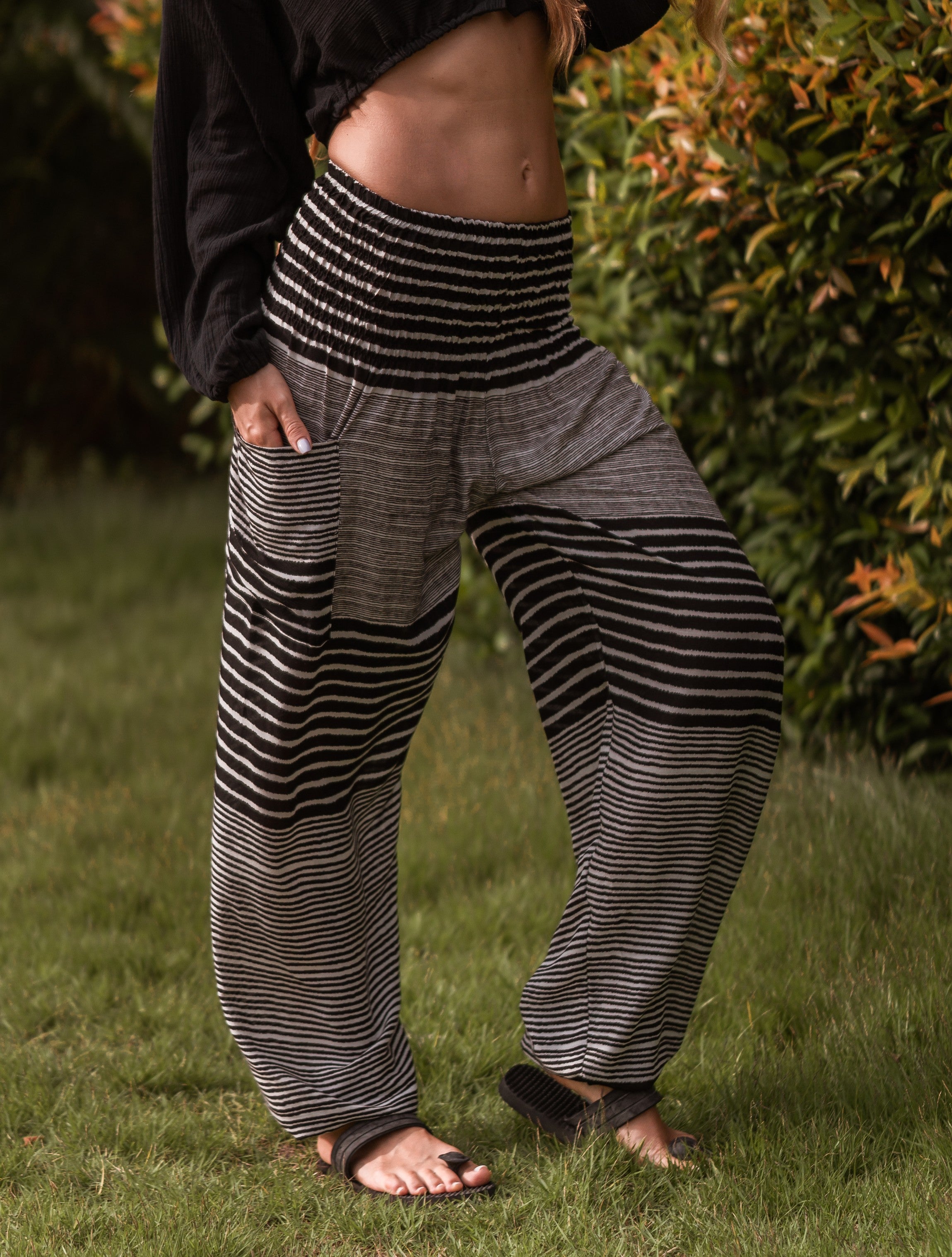 High Crotch Harem Pants - Striped - Black