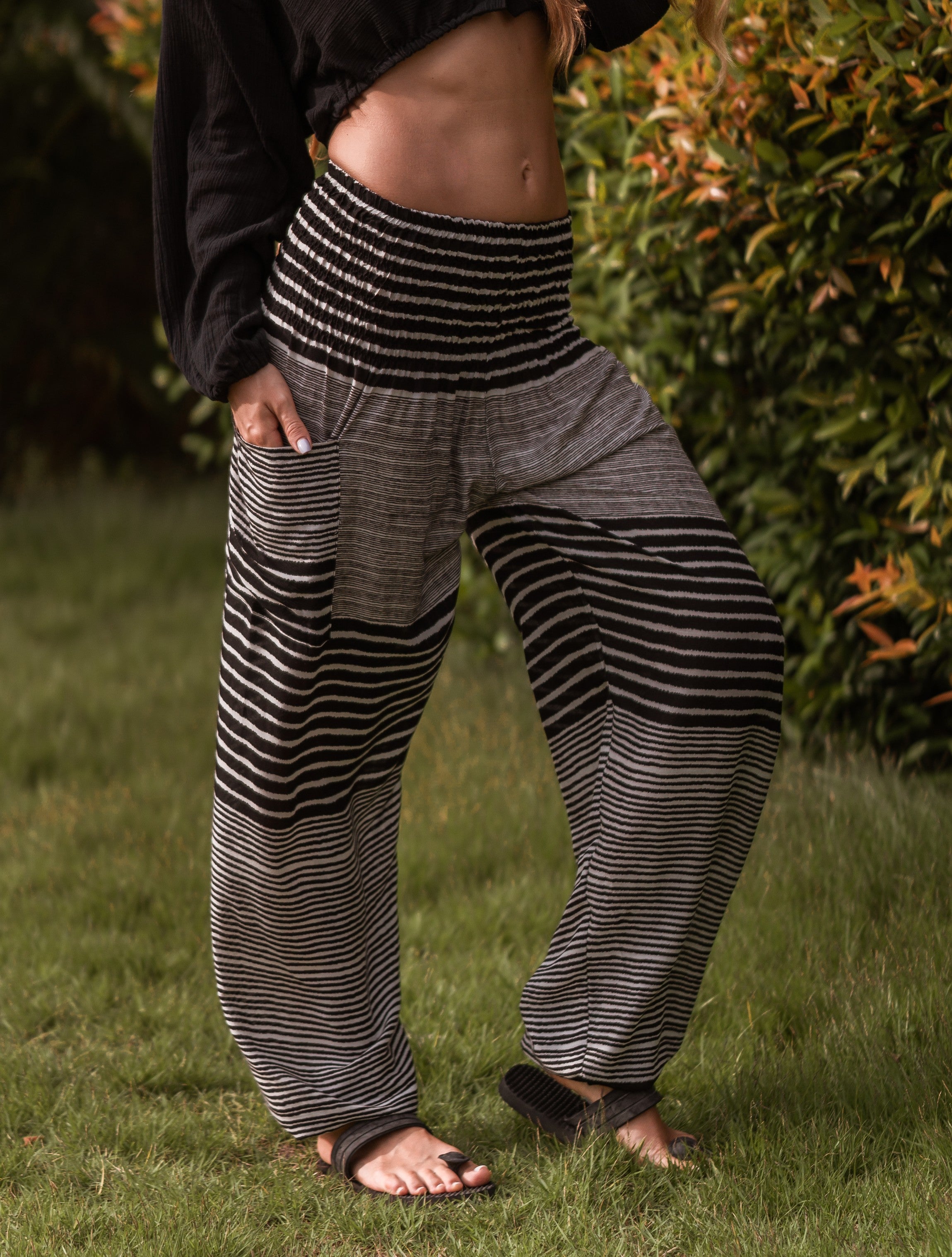 High Crotch Harem Pants - Striped - Black