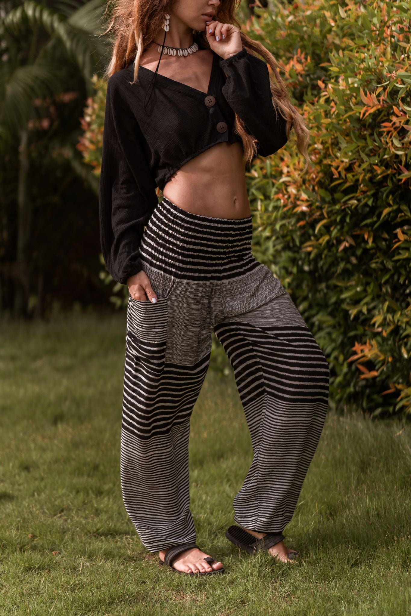 High Crotch Harem Pants - Striped - Black