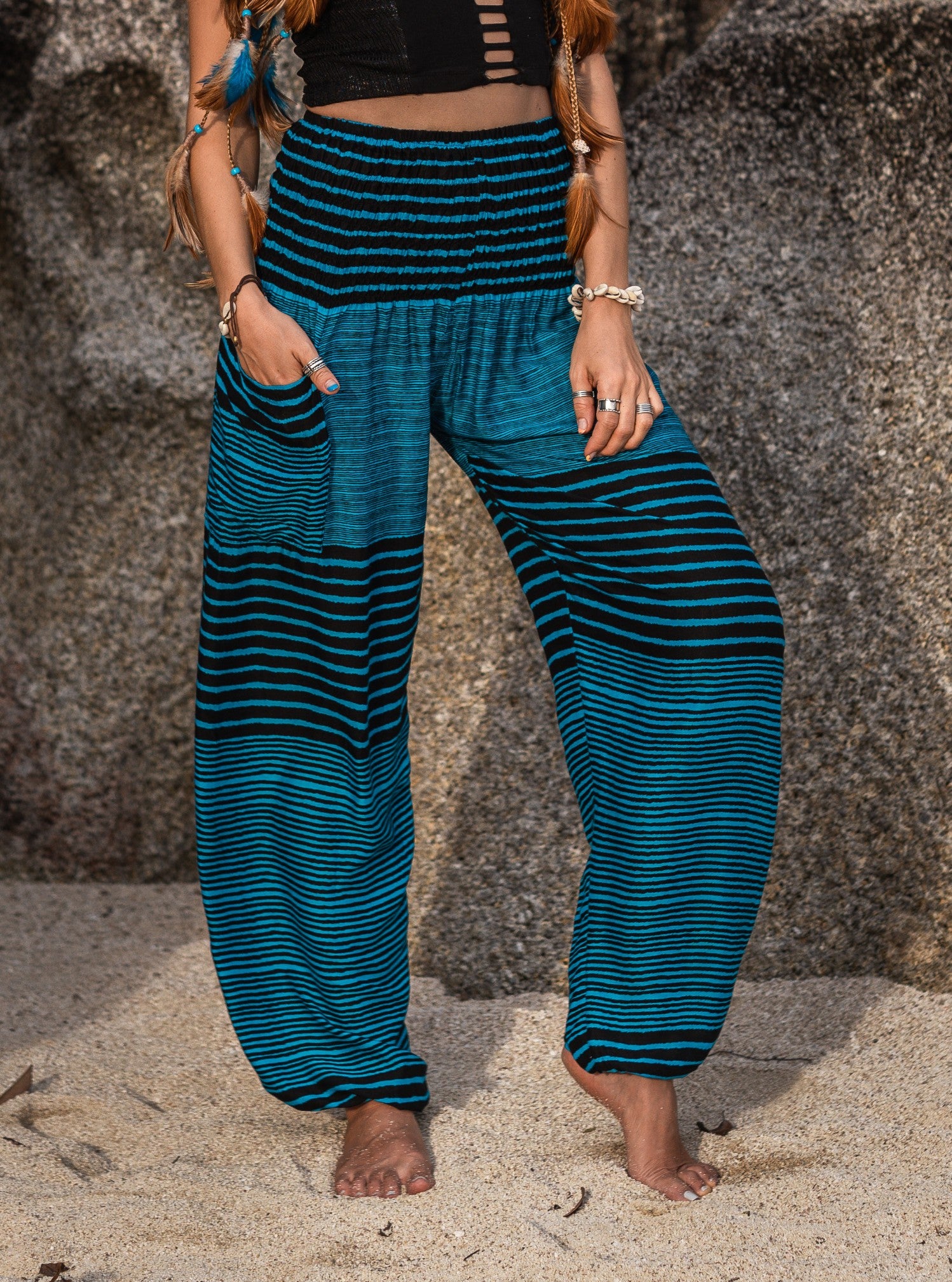 High Crotch Harem Pants - Striped - Blue & Black
