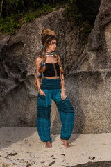 High Crotch Harem Pants - Striped Blue/Black