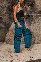 High Crotch Harem Pants - Striped Blue/Black