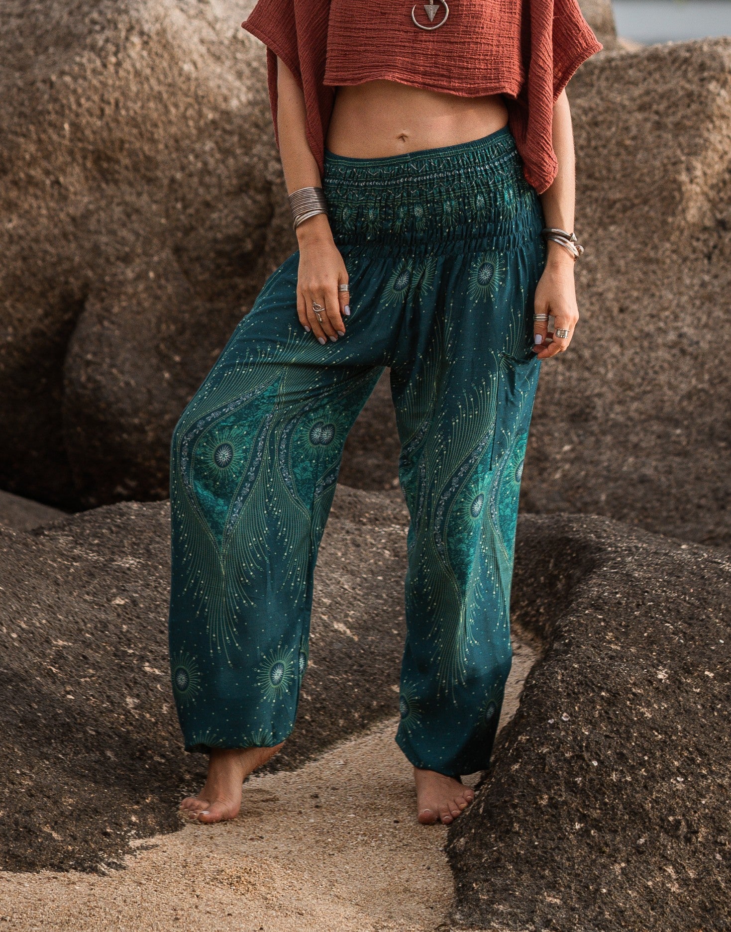 High Crotch Harem Pants - Dazzling Peacock Feather - Teal