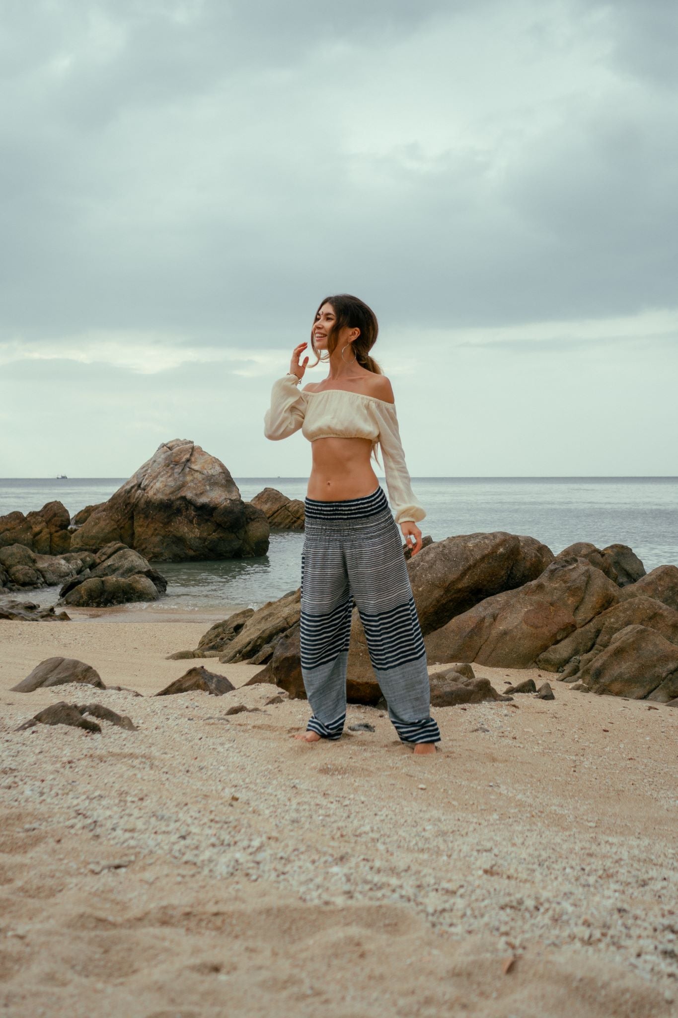 High Crotch Harem Pants - Striped - Teal