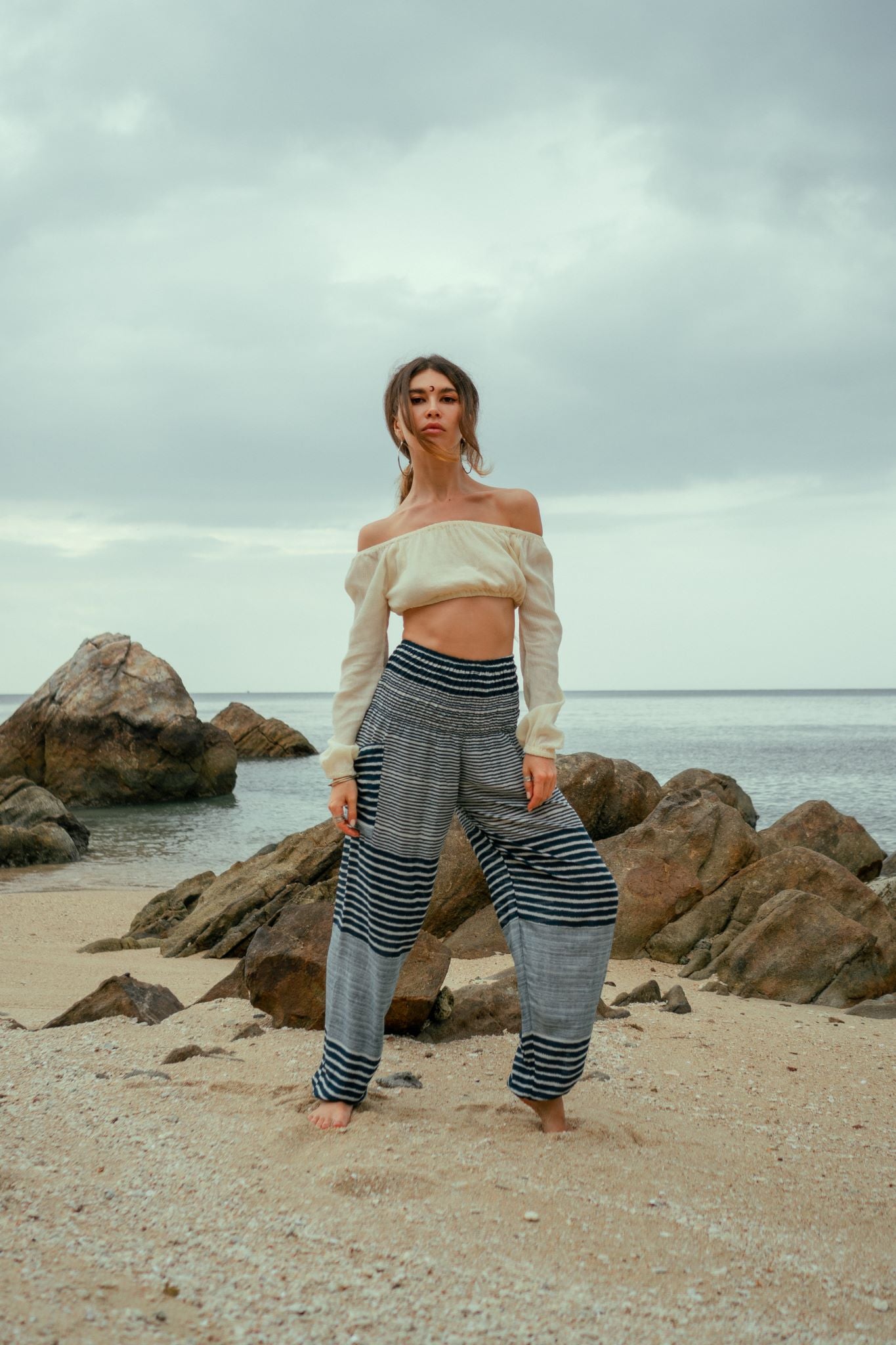 High Crotch Harem Pants - Striped - Teal