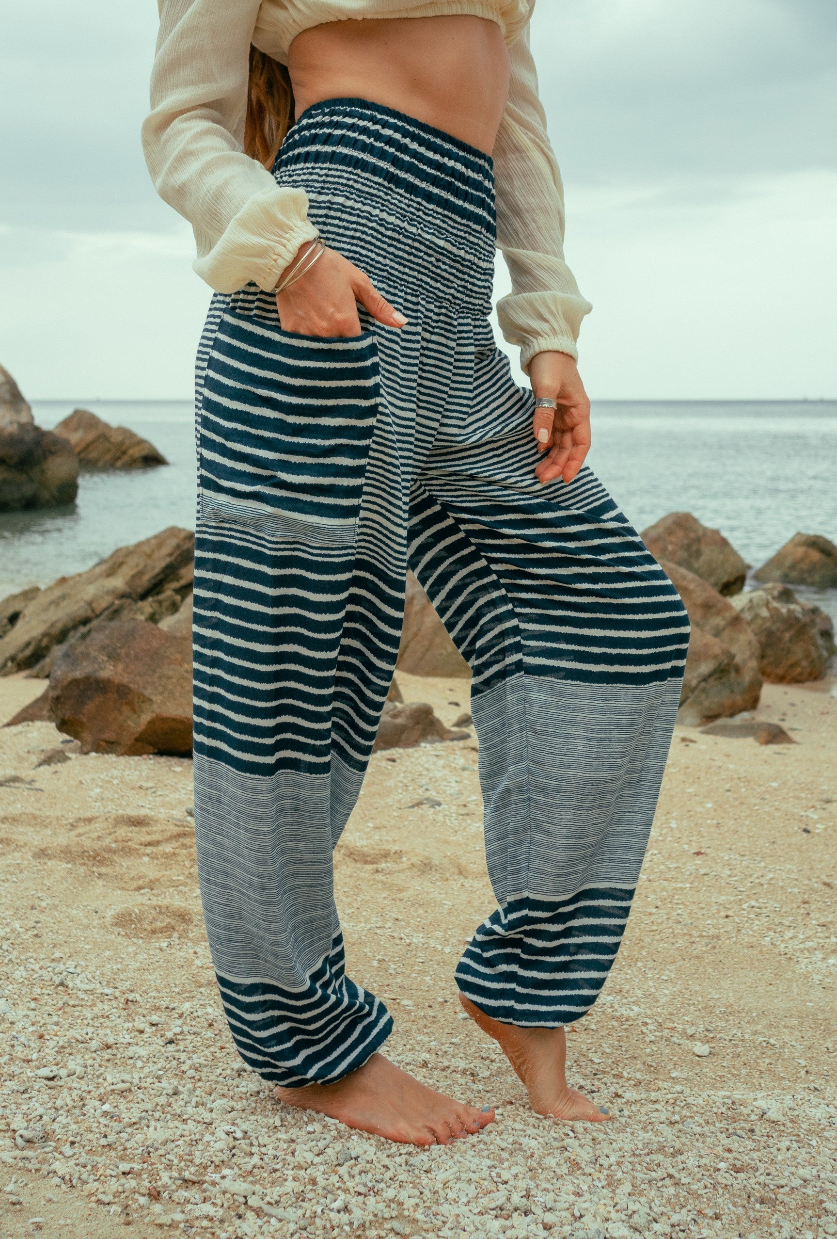 High Crotch Harem Pants - Striped - Teal