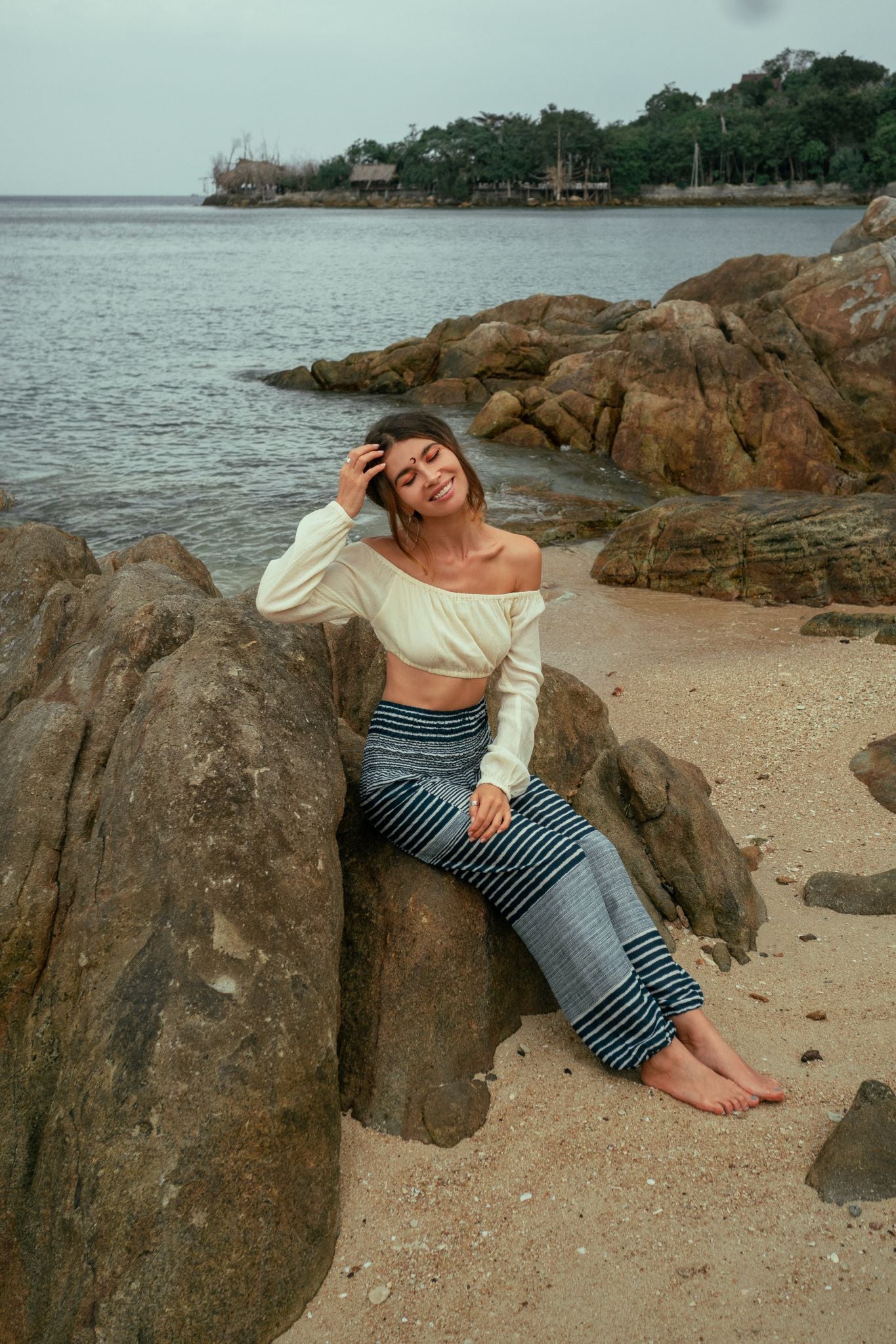 High Crotch Harem Pants - Striped - Teal